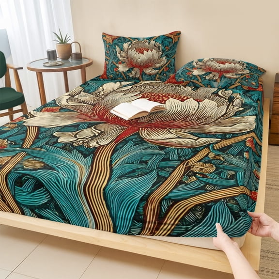 Twin XL Size Fitted Sheet Set - William Morris Plant Floral 2 Piece Bedding Sets 16" Deep Pocket Fitted Sheet with 1 Pillowcases, Retro Lotus Flower Leaves Brushed Microfiber Hotel Luxury Bed Sheets
