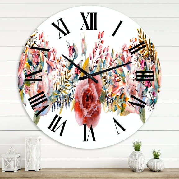 Designart 'Pink Roses And Wildflower' Farmhouse Wall Clock