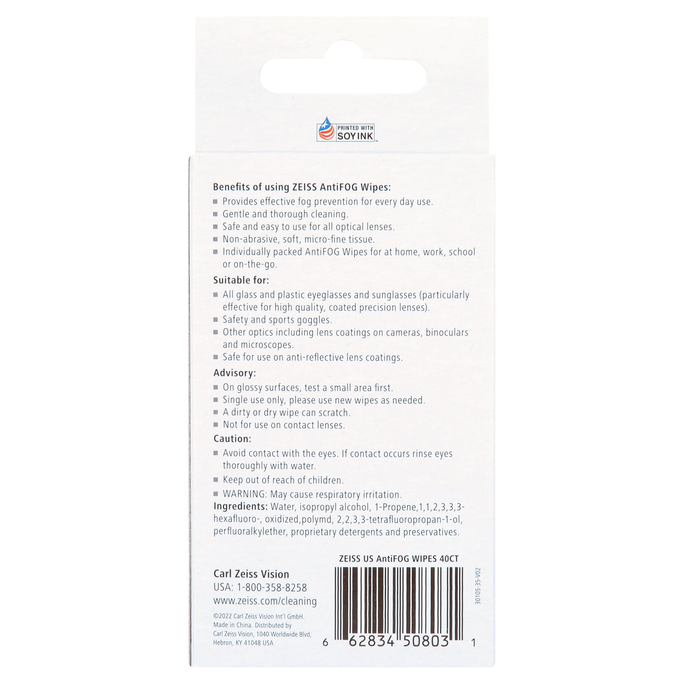 ZEISS Gentle and Thorough Cleaning Anti Fog Lens Cleaning Wipes for Eyeglass, 40 Count
