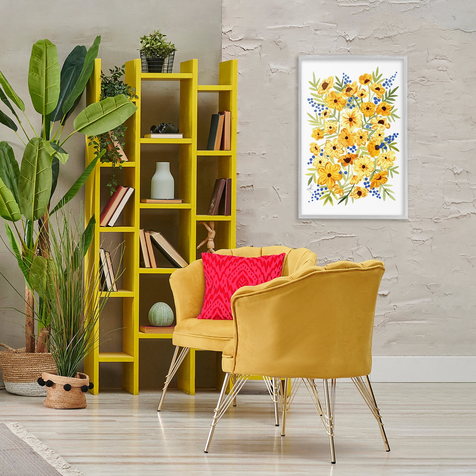 Stupell Industries Yellow Cosmos & Berries Botanical & Floral Painting Gray Framed Art Print Wall Art, 20 x 30