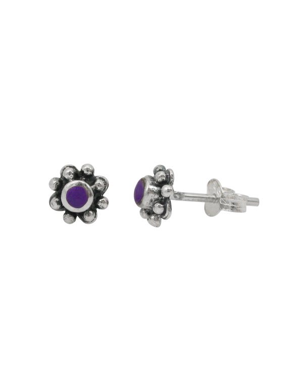 Sterling Silver Round Stone Flower Beaded Petals Post Stud Earrings, Sugilite