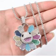 Sunflower Smiley Face Punk Necklace Colorful Spinning Petal Taksi Murakm Necklace,Silver Color