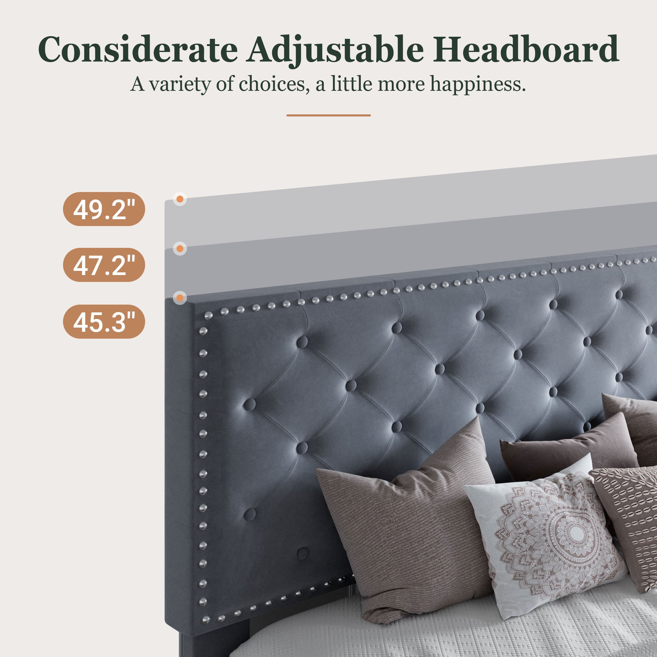 Amolife Full Bed Frame with Adjustable Velvet Studded Headboard Grey