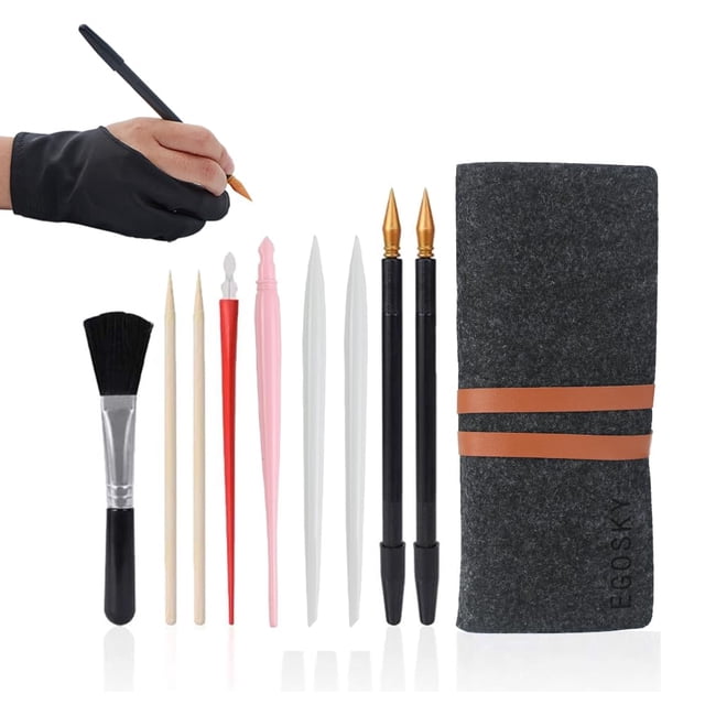 Herramienta de arte para pintar y rayar Juego de 11 herramientas de dibujo para rayar, incluye guante de artista, bolsa de herramientas, bolígrafos para colorear, lápiz óptico de plástico y madera, ra