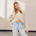 thumbnail image 4 of Women Sweater O-Neck Batwing Long Sleeve Solid Color Loose Fit Knitting Tops Exposed Navel Irregular Cross Sweater, 4 of 8
