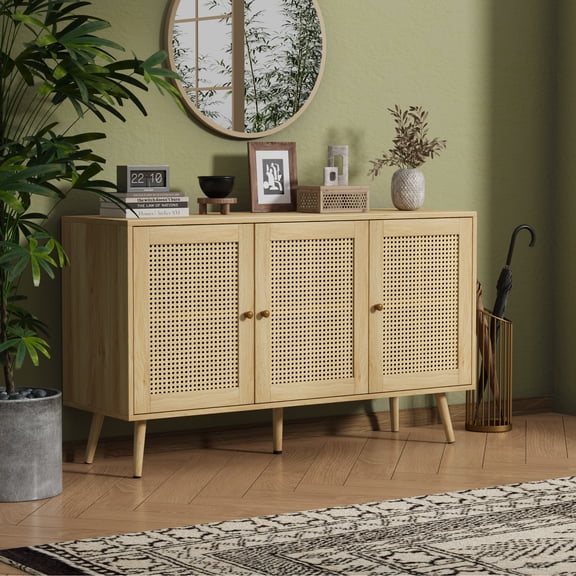 Rattan Buffet Cabinet with Storage,47"  Sideboard Cabinet with 4 Doors&Adjustable Shelves,Farmhouse Coffee Bar Station,Modern Wood Cupboard for Kitchen,Livingroom