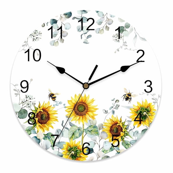 Wall Clock 14 Inch Yellow Sunflower Floral Round Silent Decorative Wall Clocks Battery Operated for Living Room Bedroom Kitchen Classroom Decor, Sage Green Eucalyptus Leaf White,Large