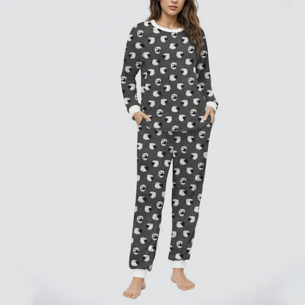Conjunto de top y pantalones de poliéster con bolsillos largos y estampado de cuello redondo informal para mujer