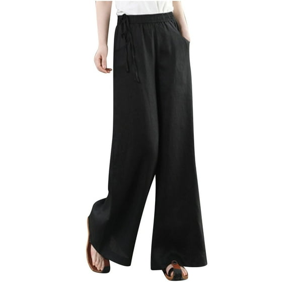 WREESH Womens Loose Wide Leg Pants Casual Loose Pants High Waist Solid Color Cotton Linen Side Drawstring Belt Wide Leg Pants Black