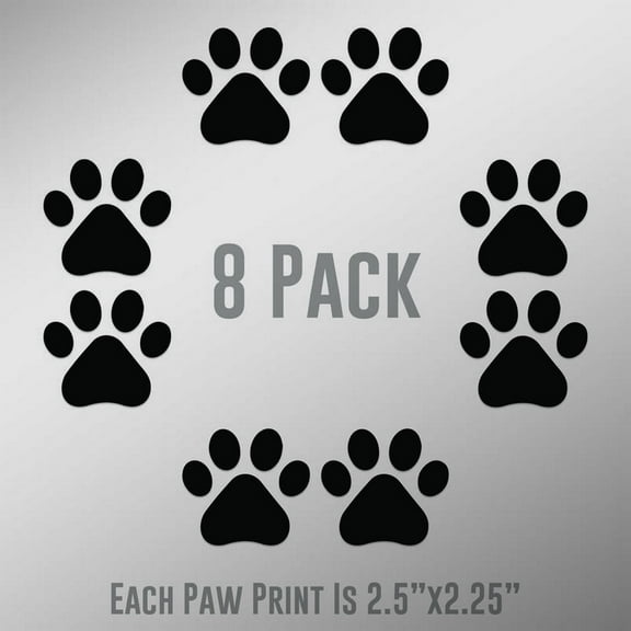 Dog Paw Prints 8-Pack | Each paw 2.5-Inches By 2.25-Inches | Black Vinyl