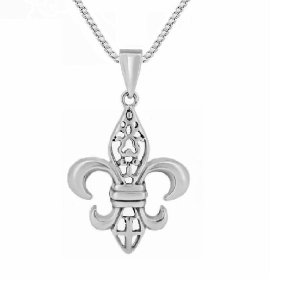 925 Sterling Silver Necklace w/ Filigree Fleur De Lis Pendant Charm