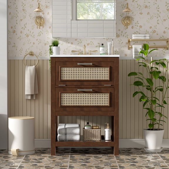 LiviNest 24" Small Bathroom Vanity with Sink: 3-Tier Storage for Clutter-Free Countertop - Integrated Ceramic Basin & 2 Drawers for Compact Restrooms & Apartments