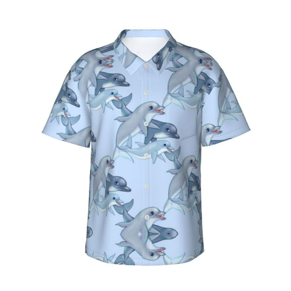 Cute Dolphins Hawaiian Shirts For Men, Summer Short-Sleeve Relaxed-Fit Button-Down Shirts Small