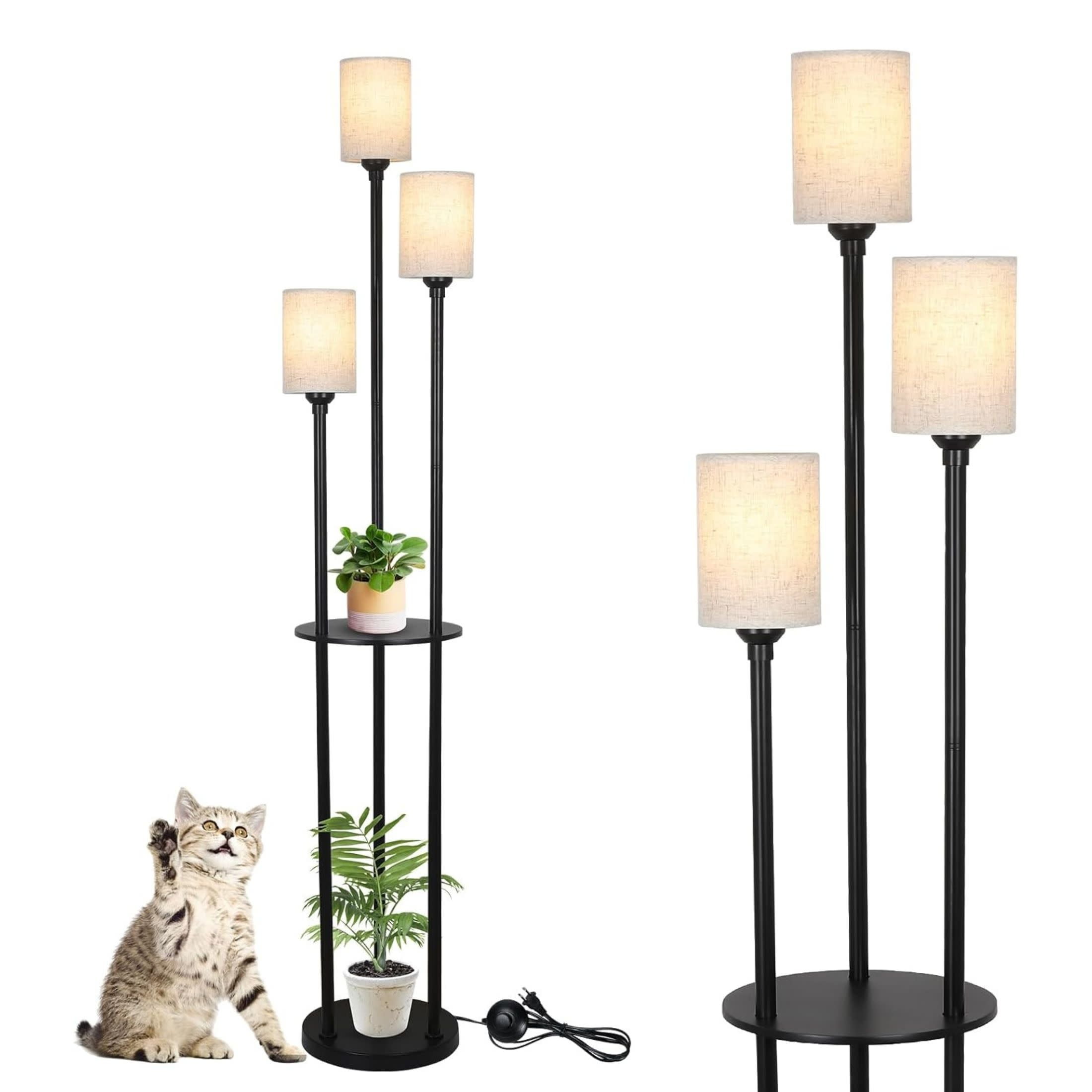 Noble House 3-Light Floor Lamp with Shelves, Black Industrial Tall Lamp with Linen Shades and Foot Switch, Black
