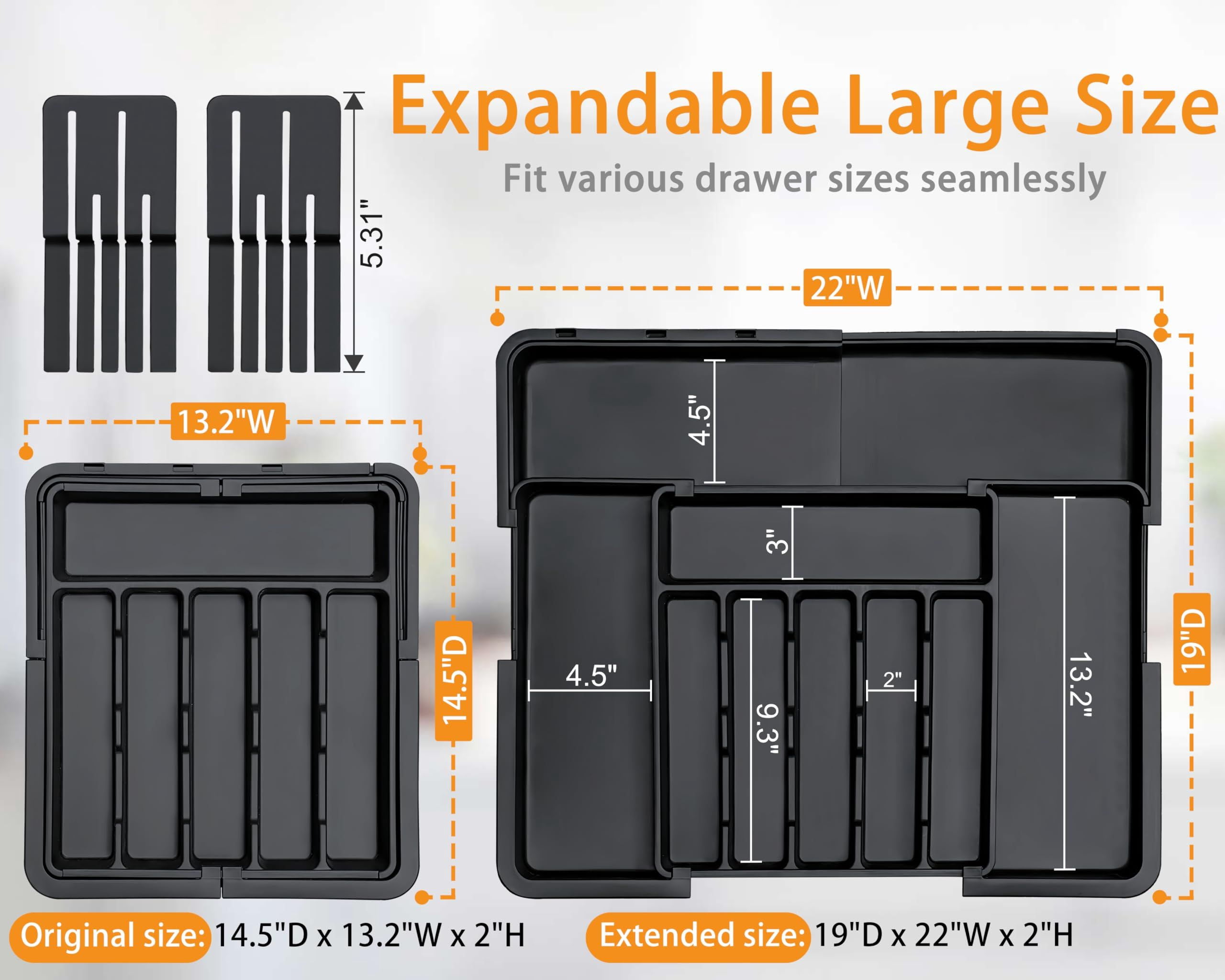 Silverware Organizer - Expandable Large Kitchen Drawer Utensil with 2 Removable Knife Blocks, 22"x 19"Cutlery Tray Dividers for Flatware(6-9 Slots) (Black)