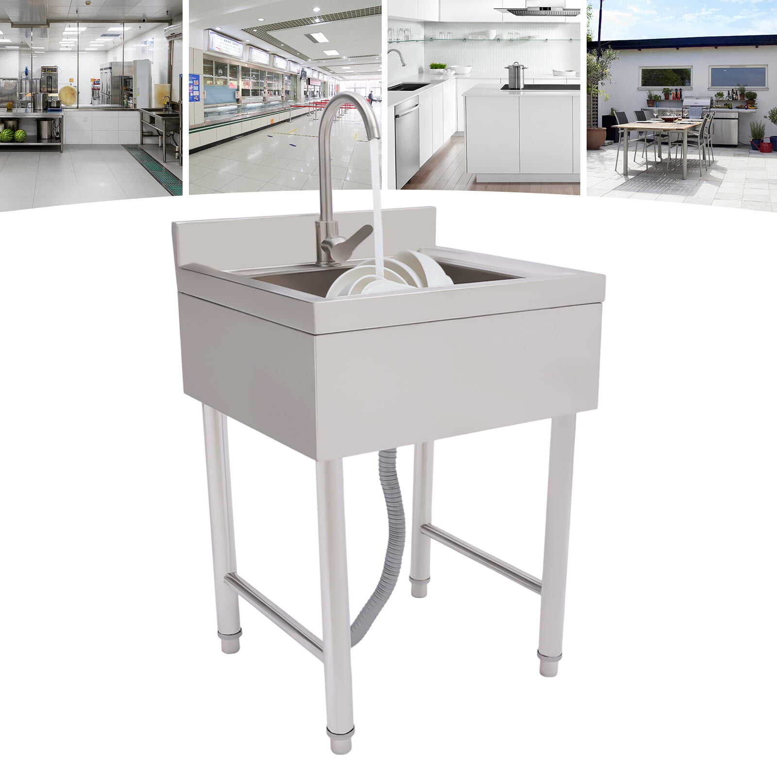 Commercial Utility Sink Stainless Steel Kitchen Sink 1 Compartment with Faucet