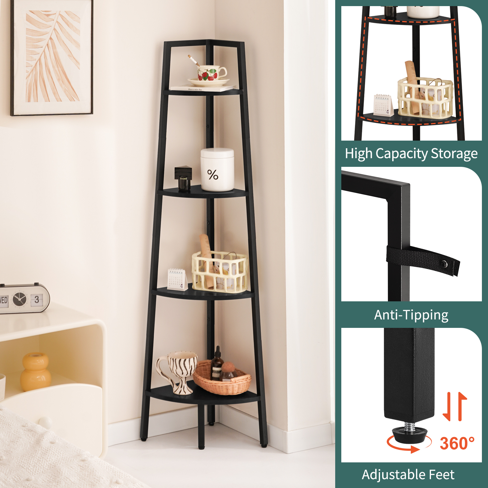 Yoobure 4-Tier Corner Bookshelf with Metal Frame, Black photo 7
