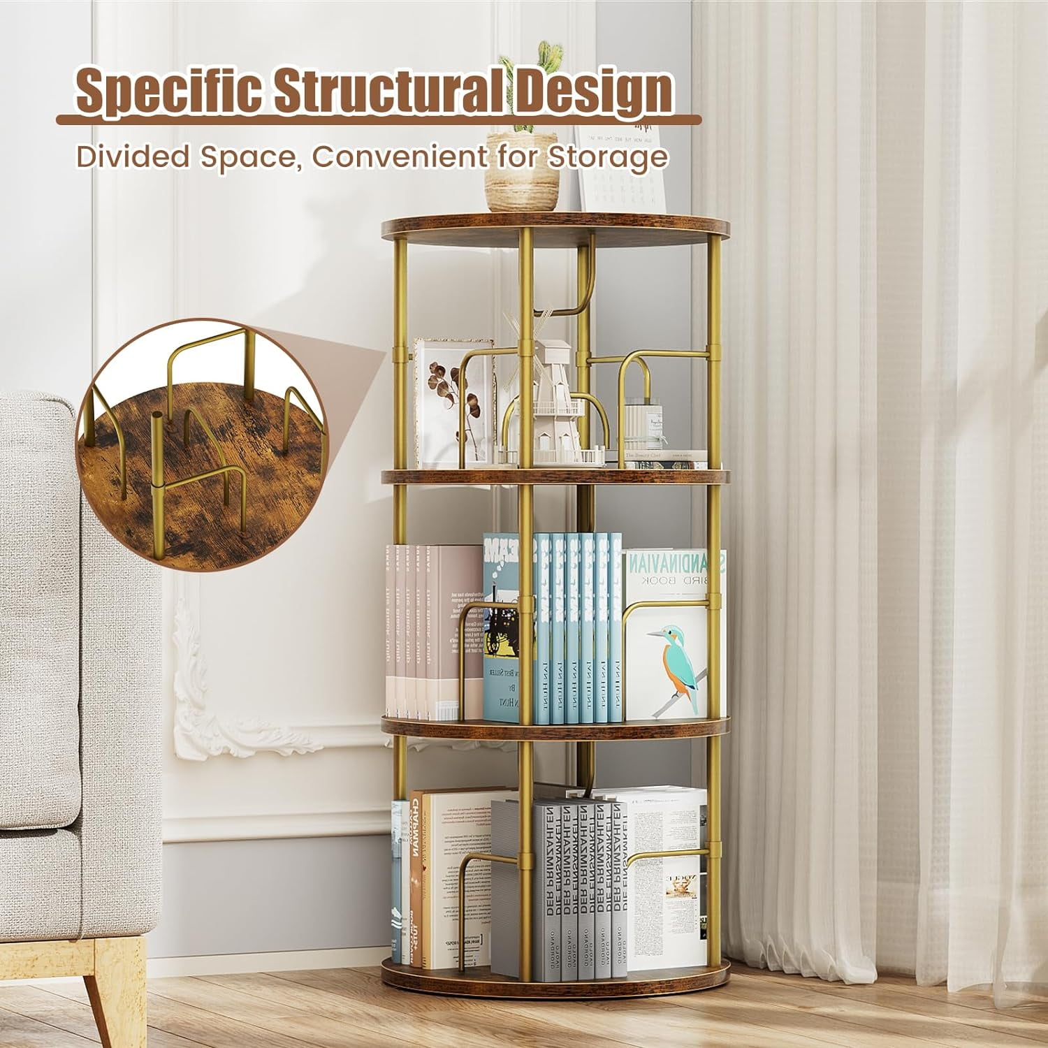 Flycity 3 Tier Rotate Bookcases, 360° Display Spin Bookcases Corner Shelf with Special Visible Partition Storage, Gold