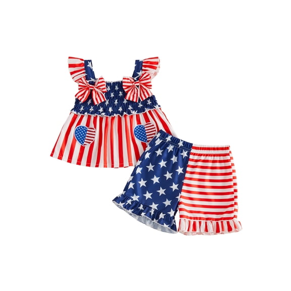 Toddler Baby Girl 4th of July Outfit Striped and Stars Flag Flutter Sleeve Tank Tops Ruffle Shorts Set Infant Summer Clothes 6M-4T