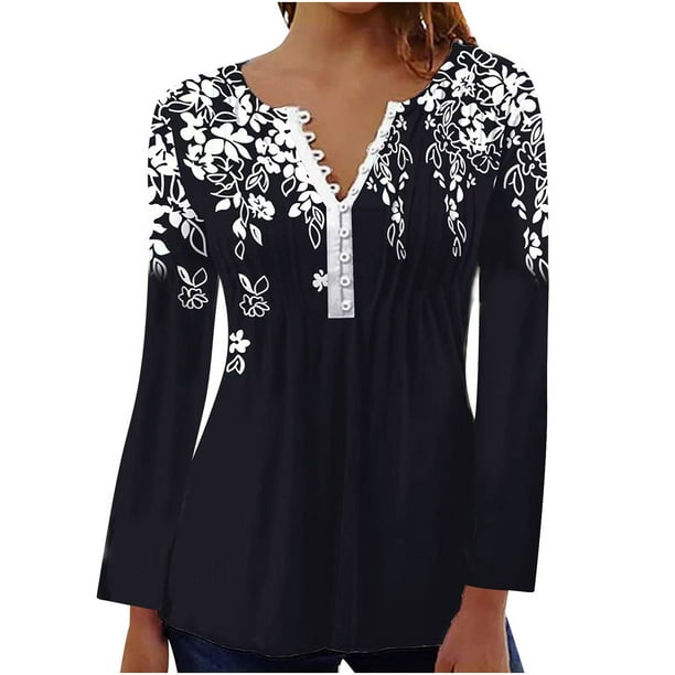 ICHUANYI Clearance Women Fashion Summer Sexy Fold Printed Regular Women Long Sleeves V Neck Button(Black, XXL) Ichaunyi WER2023081017198
