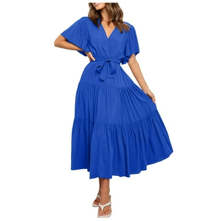 Fsqjgq Womens Summer Dresses Corset Dress for Women Party Dress Tropical Dresses for Women V Neck Printed Short Sleeved Waist Long Skirt Bohemian Dress Boho Vacation Dresses Casual T Shirt Dress L