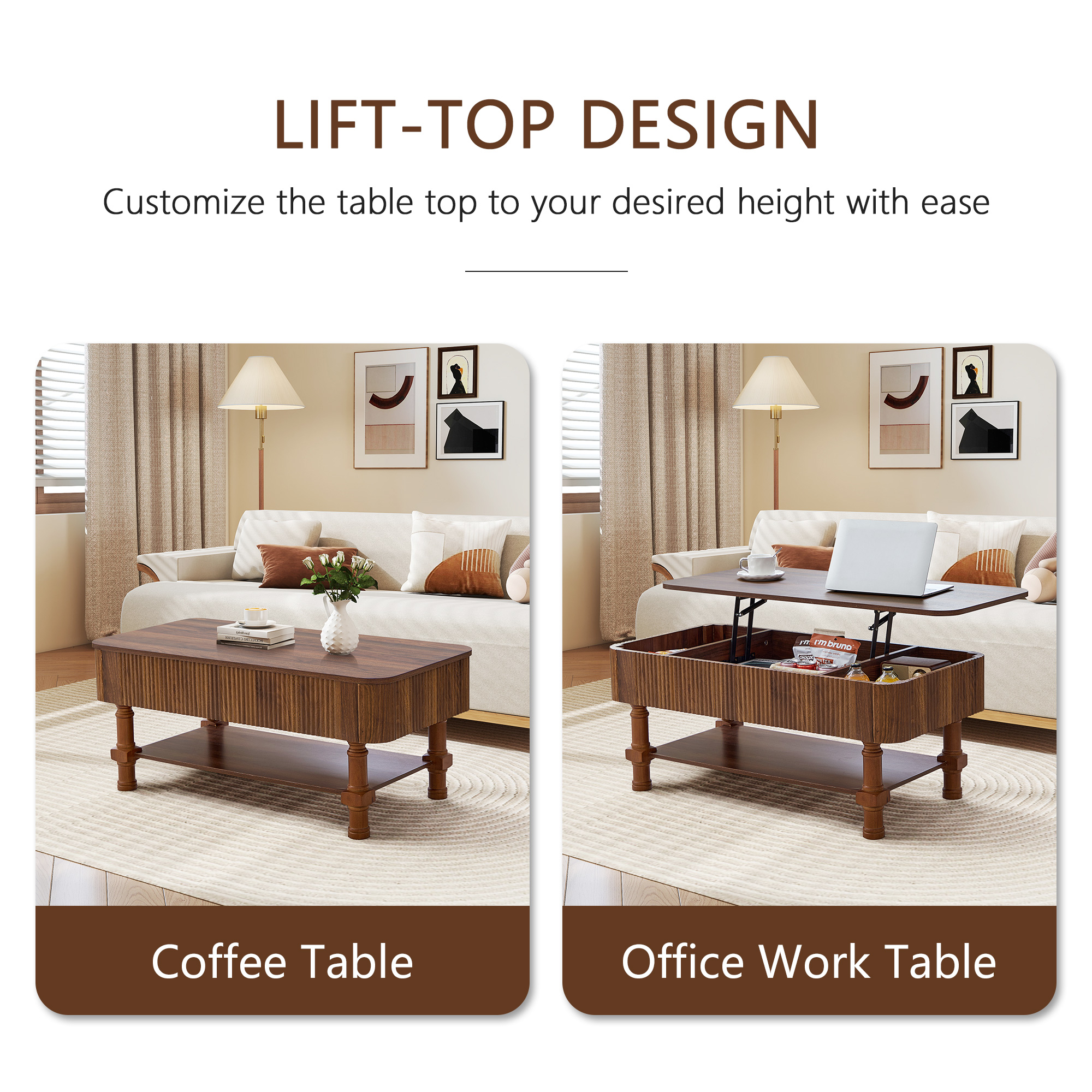 YOCWO Wood Roman Column Lift Top Coffee Table with Storage, Fluted Rectangle Coffee Table with Hidden Compartments for Living Room, Walnut