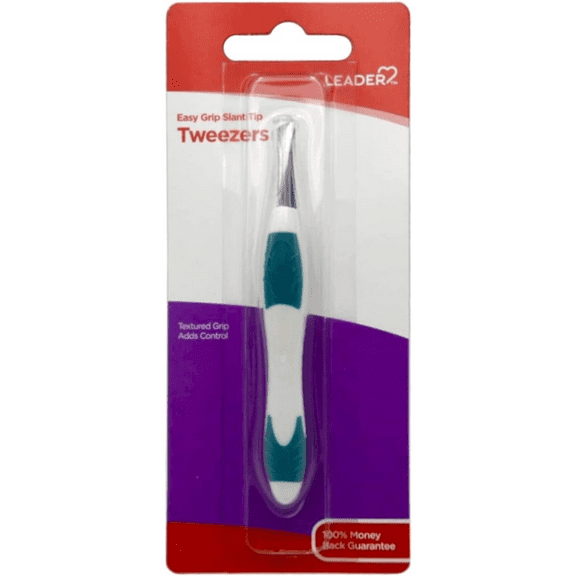 LEADER Tweezers Slant Tip Precision, Easy Grip, Non-Slip Rubber, Stainless Steel, Great Precision for Eyebrows, Facial Hair, Splinter and Ingrown Hair Removal