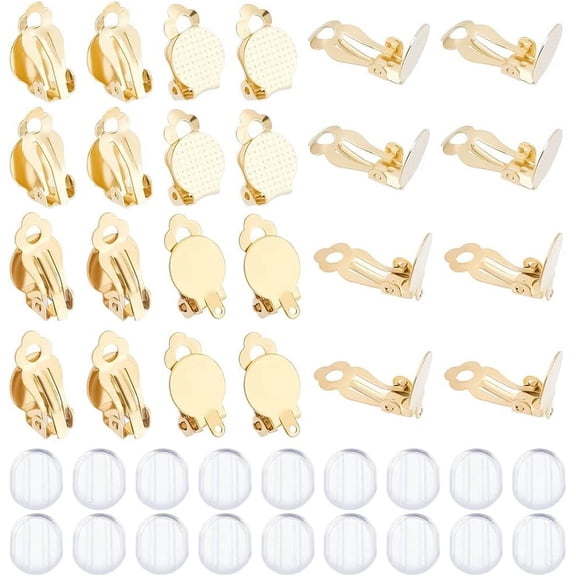 40pcs Clip-on Earring Golden Earring Clip 304 Stainless Steel Clip-on Earring Converter Flat Round Tray Earring Clips Earrings with Silicone Earring Pads for DIY Earring Making for DIY