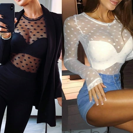 - Urkutoba Women's Long Sleeve Mesh Polka Dot Shirt Tops Ladies Casual Sheer Blouse#4521