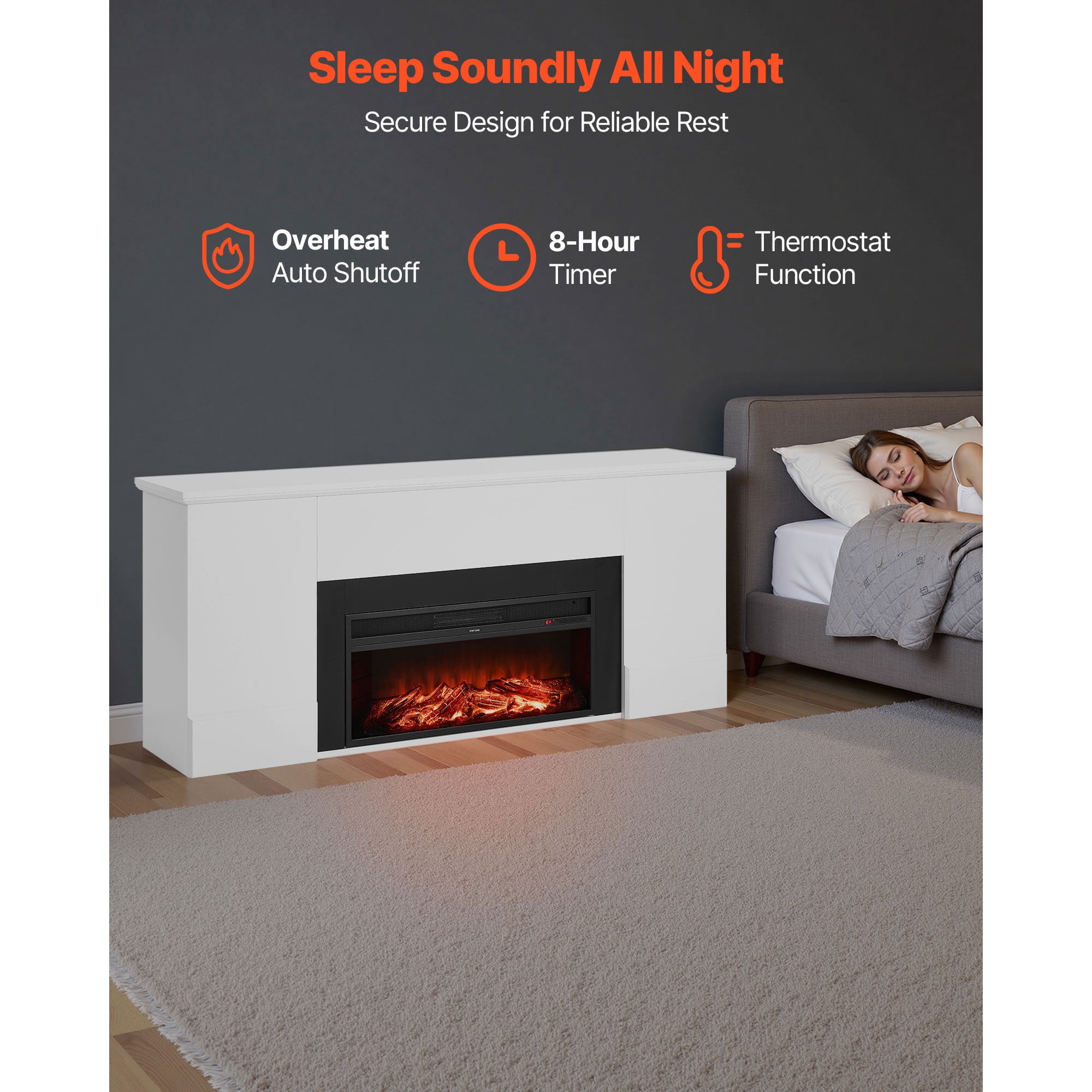 KFFKFF 75-Inch Freestanding Electric Fireplace with Mantel, 1500W Heater, Adjustable Flames, Timer, Remote Control, Overheat Protection, Ideal for Living Room or Bedroom, White