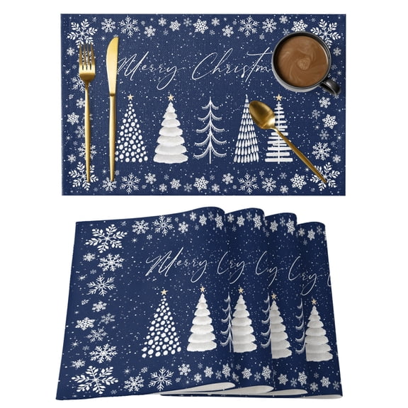 Merry Christmas Placemats Set of 1, Winter Christmas Tree Snowflake Border Navy Blue Non-Slip Place Mats Washable Table Mats for Kitchen Dining Table Decorations Indoor/Outdoor