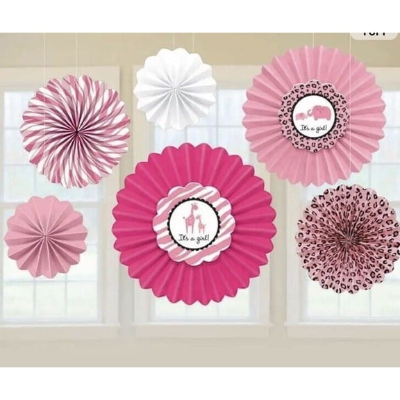 It's A Girl Sweet Safari Baby Shower Paper Fan Birthday Hanging Decorations 6 Pc