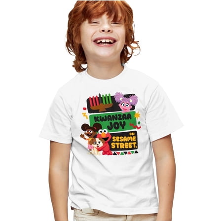 Sesame Street Kwanzaa Joy With Gabrielle And Elmo Kids T Shirt for Youth Boys and Girls, White, Large