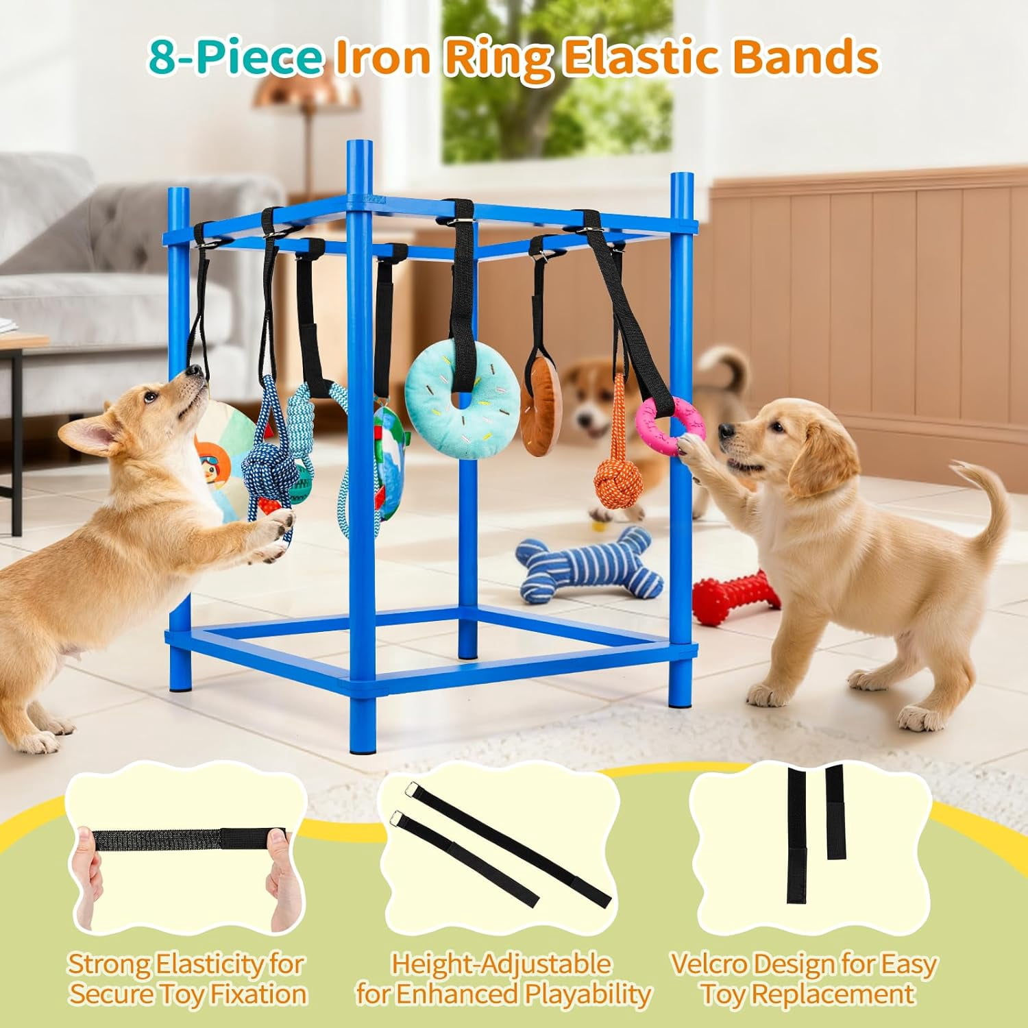 Wooden Puppy Play Gym for Small Dogs, Puppy Jungle Gym with 8 Hanging Toys, Wood Frame Indoor Puppy Gym with Dog Enrichment Toys for Puppies and Small Pets