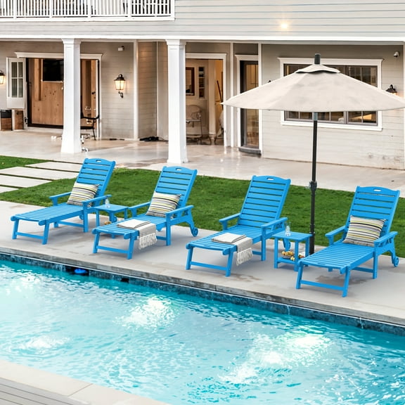 Dycanpo Lounge Chair Outdoor Set of 4, Resin Chaise Lounge with Wheels & Adjustable Backrest,Blue