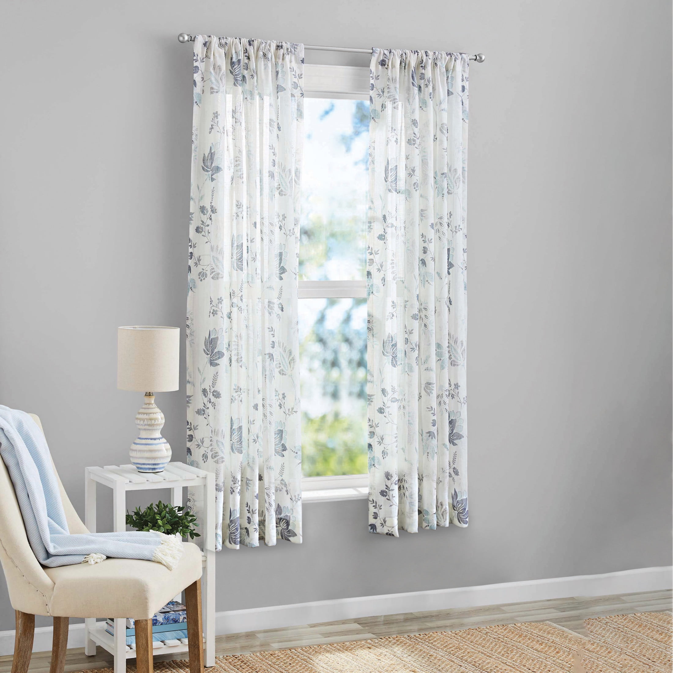 Mainstays Blue Floral 100% Cotton Indoor Sheer Rod Pocket Single Curtain Panel , Light Blue, 50" W x 63"L
