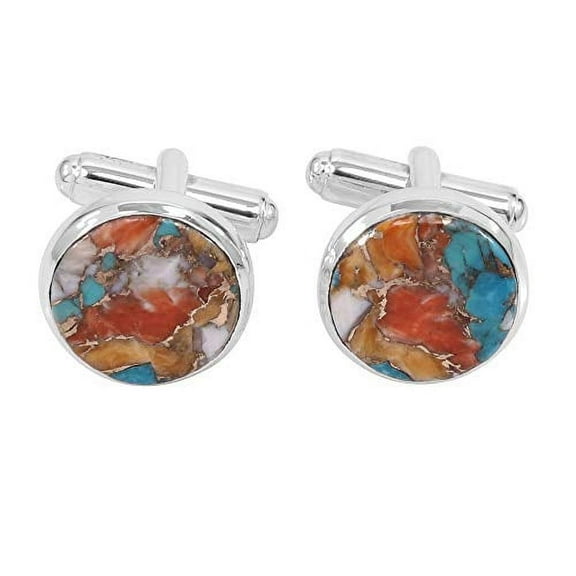 Earth Gems Jewelry Turquoise Cufflinks Orange Cufflinks Sterling Silver Cufflinks Gemstone Orange Turquoise Cufflinks for Men's
