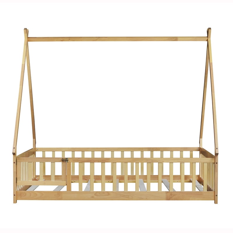 Full Size House Floor Bed, Wood Montessori Bed Frame with Fence Guardrails, House Beds Frame No Box Spring Needed（Full, Natural)