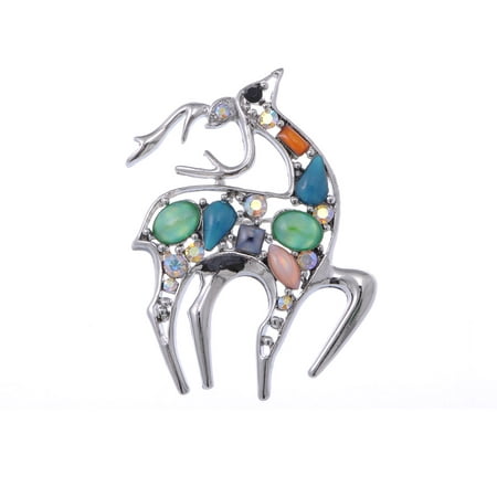 Studded Crystal Cat Eye Stone Rhinestone Deer Animal Fashion Jewelry Pin Brooch