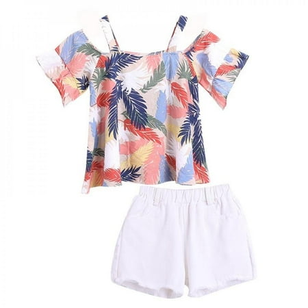 

Clearance Sale Children s suits Summer Baby Girls Short Sleeve Off-shoulder Floral Print T-shirt tops+White Shorts Suits Casual Outfits Sets