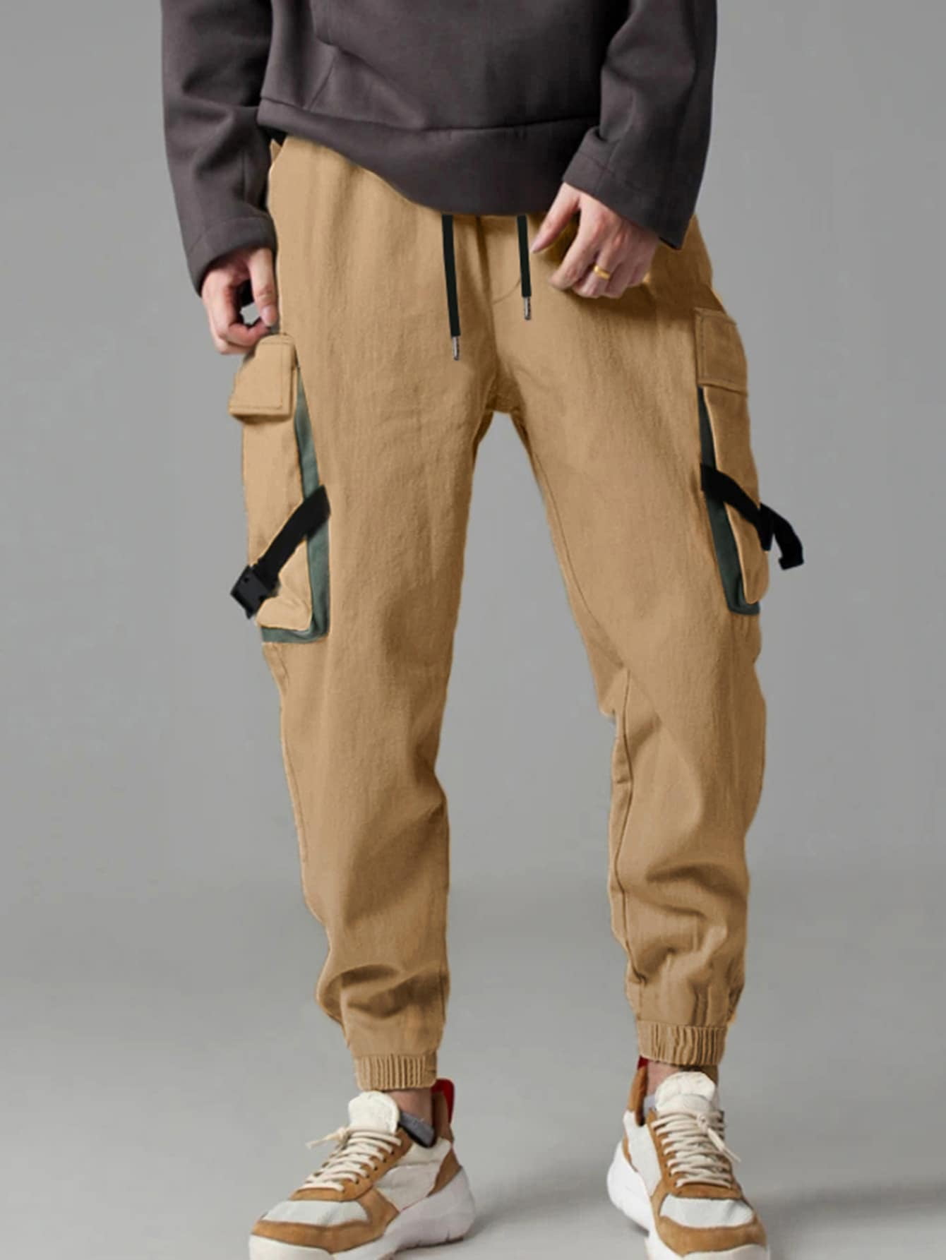 Men Buckled Flap Pocket Side Cargo 