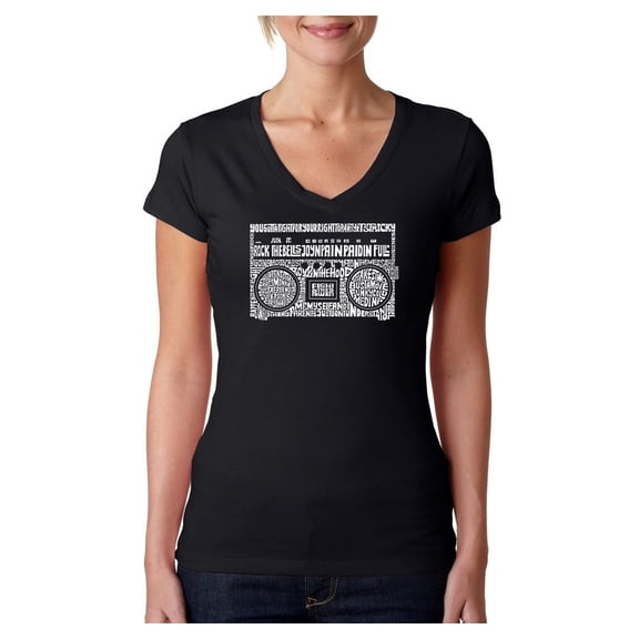 LA Pop Art Women's Word Art V-Neck T-Shirt - Greatest Rap Hits of The 1980's