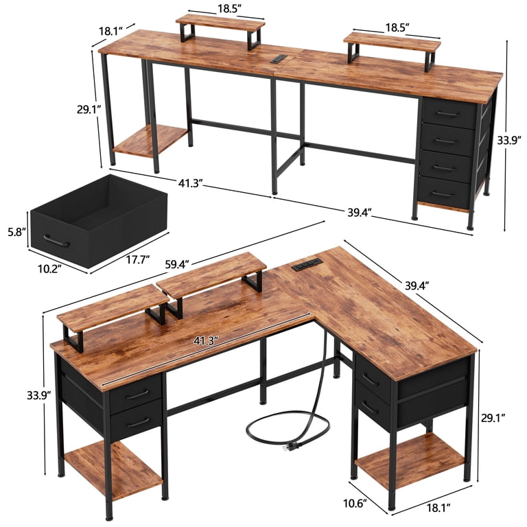 Satifur 59" L-Shaped Desk, Power Outlets & Monitor Stands photo 7
