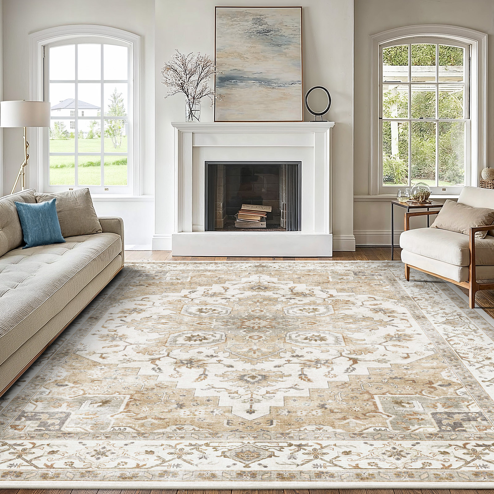 CHITOOMA 8'x10' Area Rugs for Living Room, Machine Washable Rugs Vintage Area Rug for Bedroom Dining Room Dorm Office with Non-Slip Backing, Stain Resistant Non-Shed Carpet