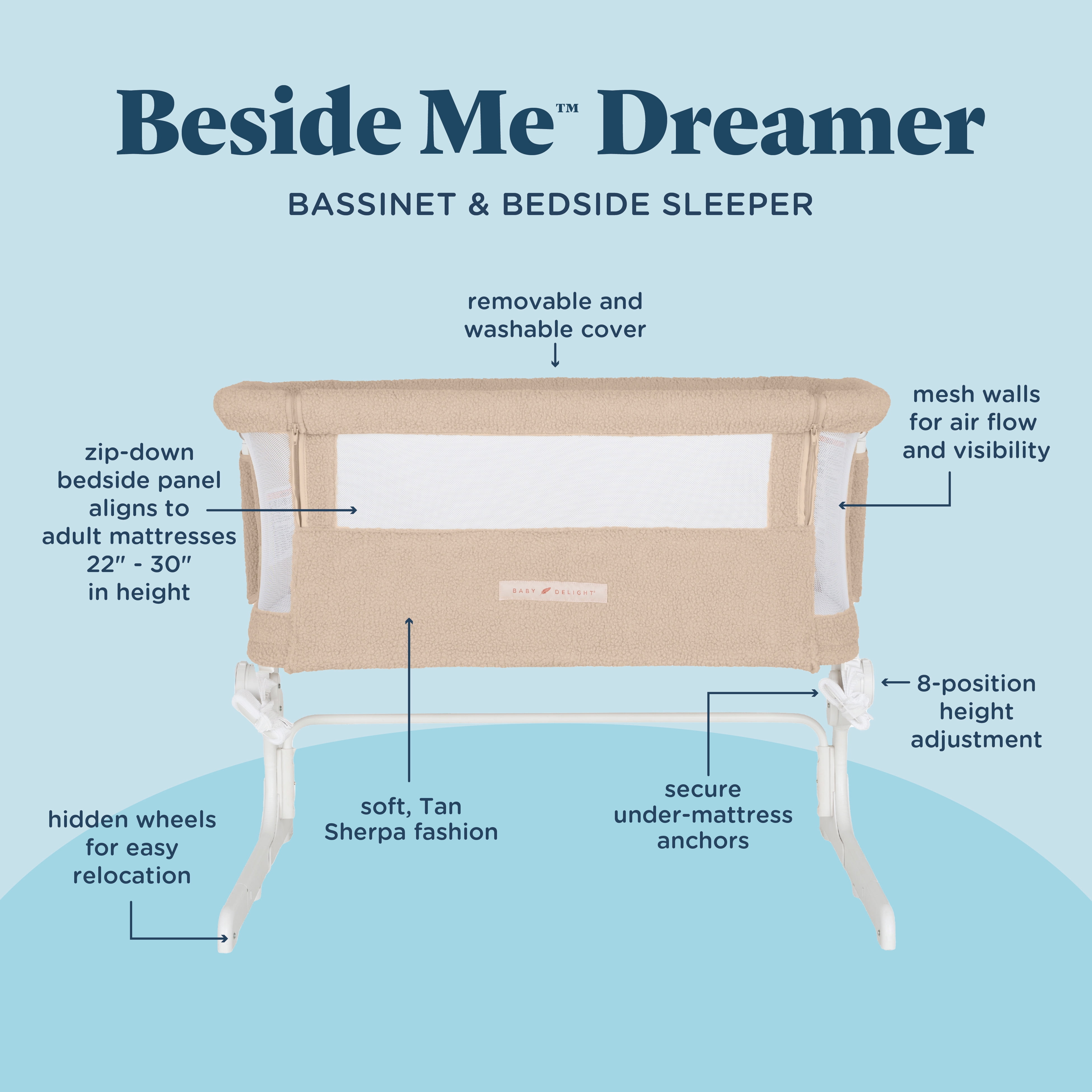 Beside Me Dreamer Bassinet & Bedside Sleeper, Adjustable, Breathable & Portable, Tan Sherpa