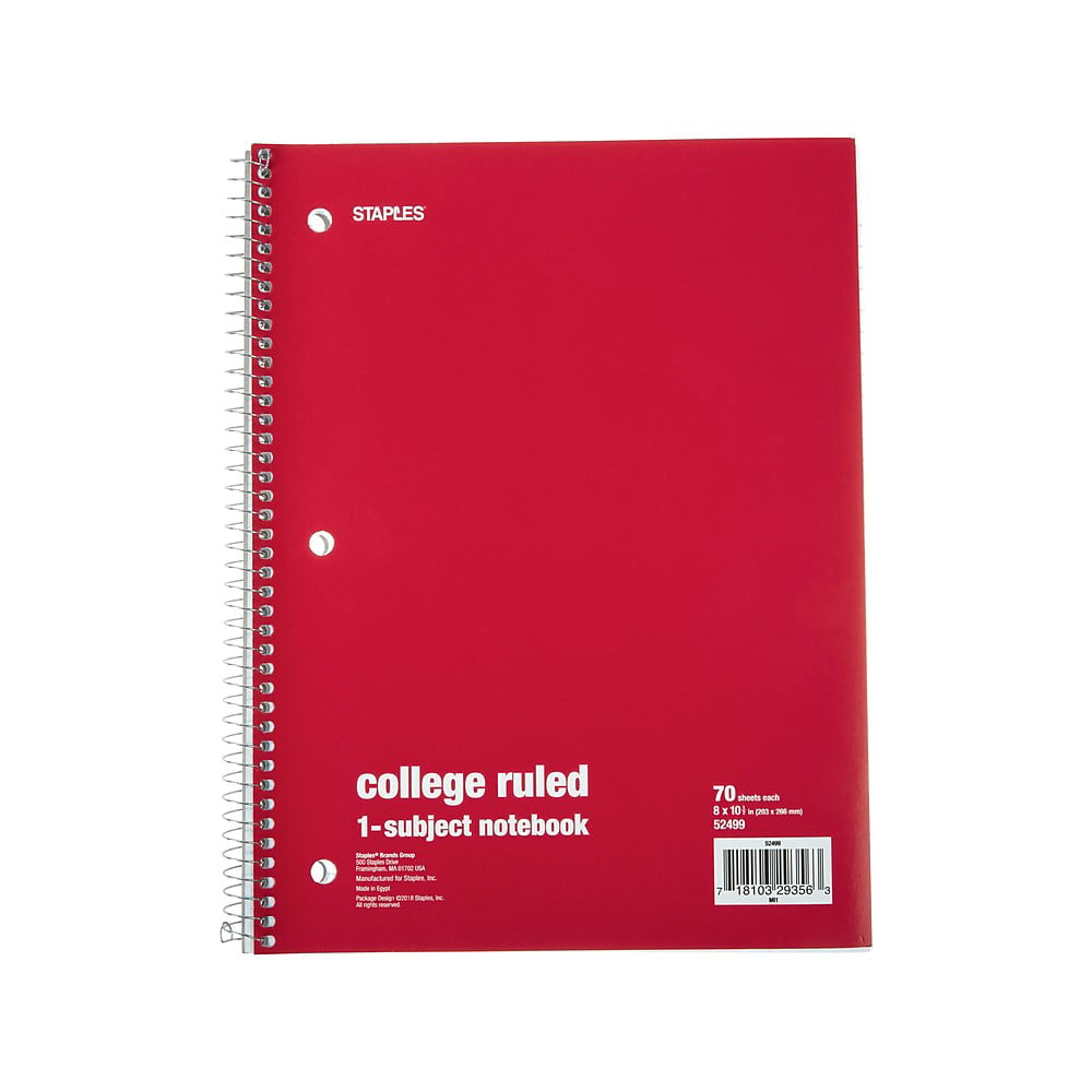Staples 1 Subject Notebook College Ruled 8" x 101/2" Red
