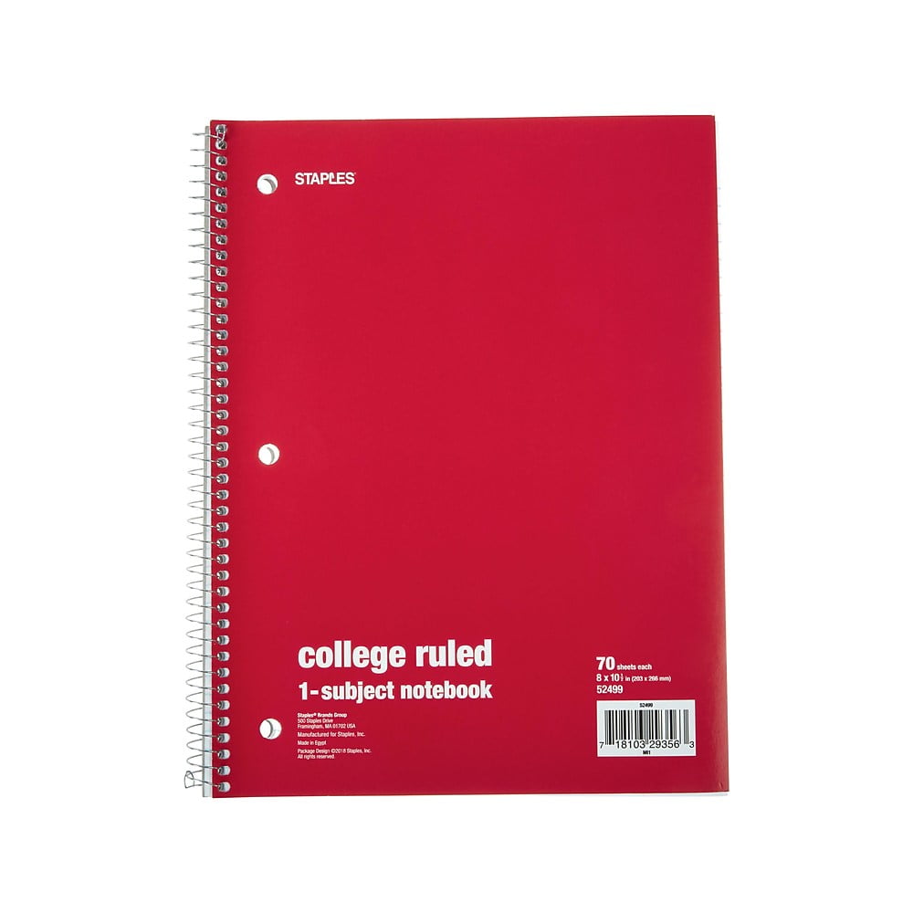 Staples 1 Subject Notebook College Ruled 8" x 101/2" Red TR27503M