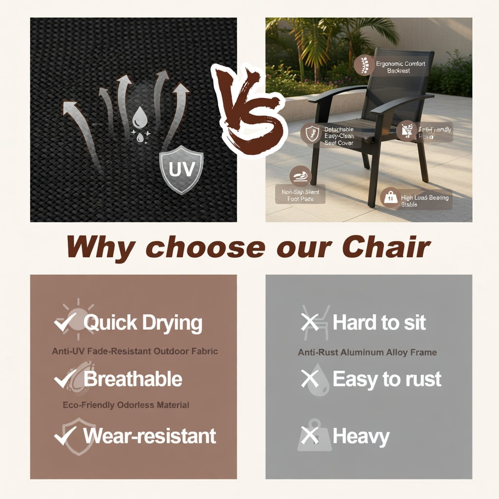 Hommoo 4-Piece Outdoor Folding Sling Chairs Set, Heavy-Duty Steel Frame, Ergonomic Armrests & Quick-Dry Fabric, Black
