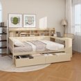 thumbnail image 4 of Wooden Full Size Daybed with Storage Shelves, Multi-functional Bed with Two Storage Drawers and Study Desk, Natural, 4 of 11