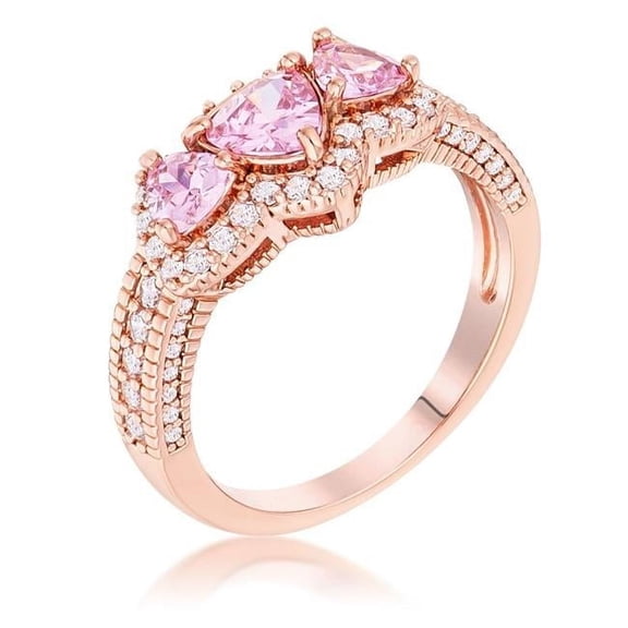 Precious Stars R08743A-C12-05 Precious Stars Rose Goldtone 3-Stone Trillion-Cut Pink Cubic Zirconia Halo Ring